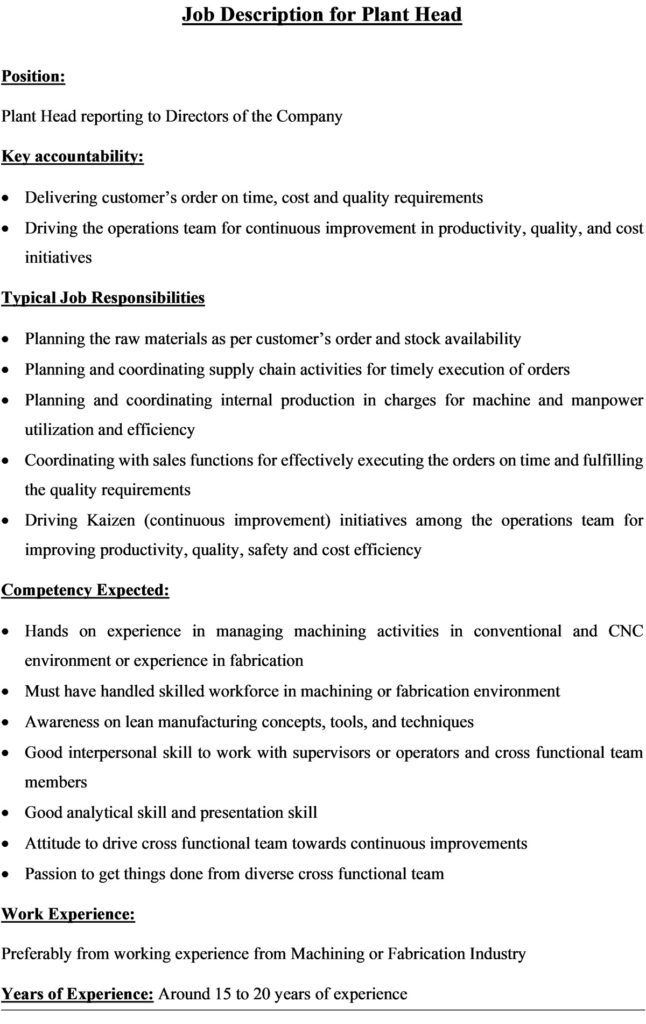 profile description -CEO or plant head